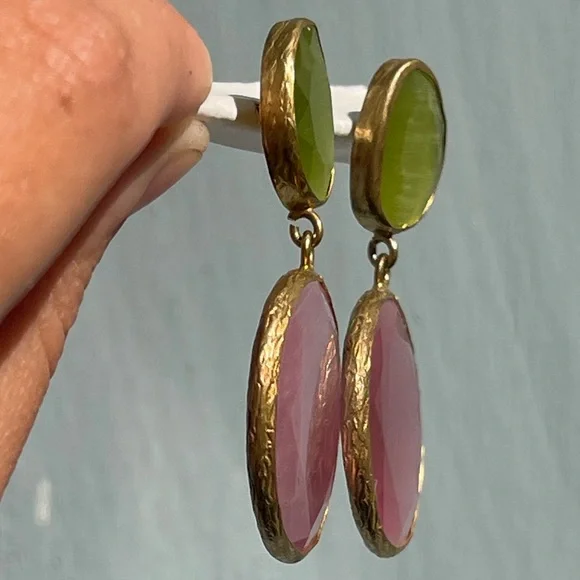 Pink and green stone Gold Drop dangle Earrings artisan vintage - Picture 3 of 11